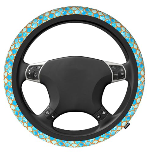 Swono Automotive Steering Wheel Covers Mermaid Scales Watercolor Blue and Gold Fish Scales Neoprene Car Wrap Cover Stretch-On Fabric Breathable Universal 15 Inch for Women Men - color: multi-065