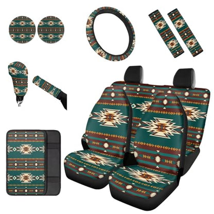 Dreaweet Navajo Seat Covers for Cars Trucks SUV,Green Southwestern Native American Seat Covers with Steering Wheel Cover,Seatbelt Cover,Armrest Pad,Cup Holder,Gear Shift Knob Handbrake Cover,Set of 12 - color: Navajo Green