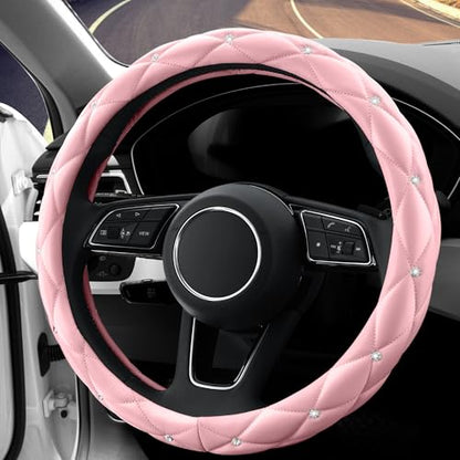 YOGURTCK Cute Diamond Soft Light Pink Leather Anti-Slip Steering Wheel Cover with Bling Bling Crystal Rhinestones, Universal 15 Inch for Women Girls, Fit Vehicles, Sedans, SUVs, Vans, Trucks - color: A-Baby Pink