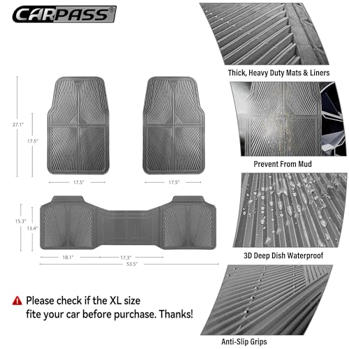 CAR PASS Gray Rubber Car Mats, All Weather Floor Mats Full Set, Waterproof Trim-to Fit Anti-Slip Easy Clean Heavy Duty Automotive Pad for Cars Trucks SUV Sedan Van, 3 Pcs All Grey Rubber - color: Gray