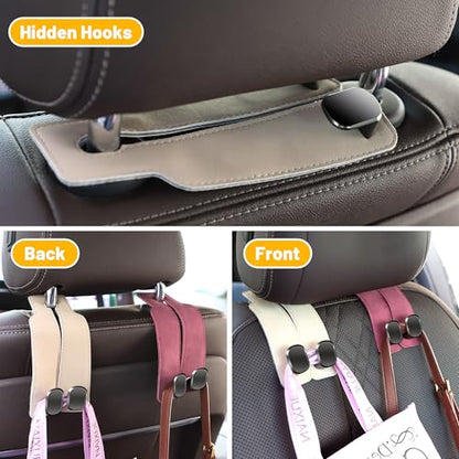 Amelity Universal Car Headrest Hooks, Women’s Car Interior Accessories for Purses Handbags Grocery & Backpacks, Beige 2 Pack - color: Beige