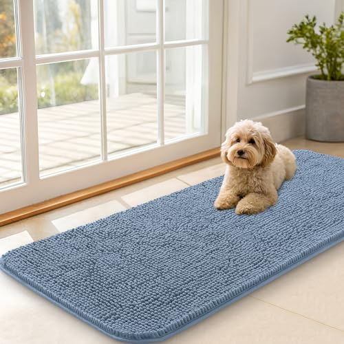 OLANLY Dog Door Mat for Muddy Paws 47x20, Absorbs Moisture and Dirt, Absorbent Non-Slip Washable Doormat, Quick Dry Chenille Mud Mat for Dogs, Entry Indoor Entryway Carpet for Inside Floor, Airy Blue - color: Airy Blue, size: 47" X 20"
