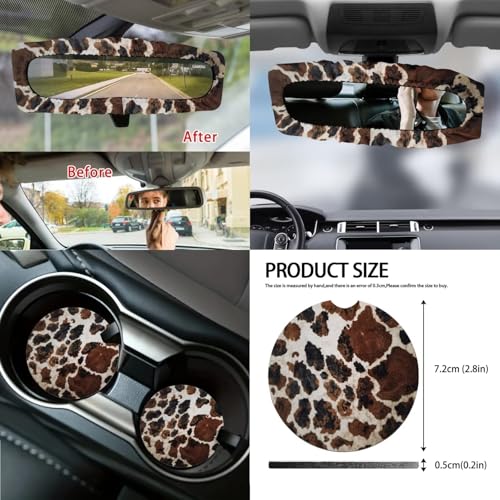 Wanyint Brown Black Cow Print 14 Pack Car Accessories Set, Universal Auto Seat & Steering Wheel Cover, Seatbelt Pad, Trash Can, Armrest & Cup Holders Rearview Mirror & Handbrake Cover Set - color: Brown Black Cow Print