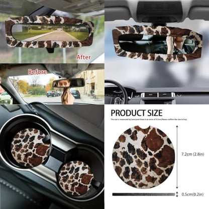 Wanyint Brown Black Cow Print 14 Pack Car Accessories Set, Universal Auto Seat & Steering Wheel Cover, Seatbelt Pad, Trash Can, Armrest & Cup Holders Rearview Mirror & Handbrake Cover Set - color: Brown Black Cow Print