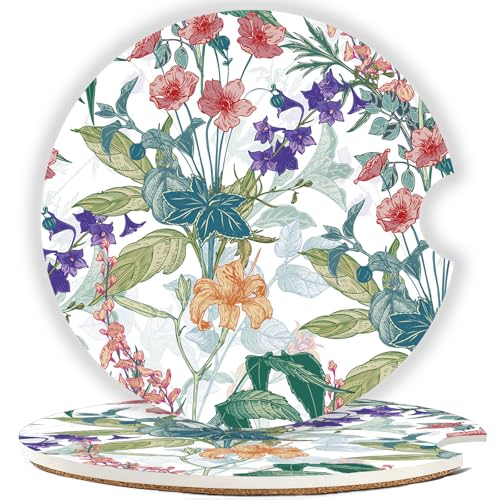 Car Cup Holder Coaster Set of 2, 2.56 in Ceramic Coasters, Scratch-Resistant Cork Backing, Finger Groove Design for Easy Placement, Cute Car Accessories Interior for Women (Trumpet Flower) - color: Colorful Trumpet Flowers