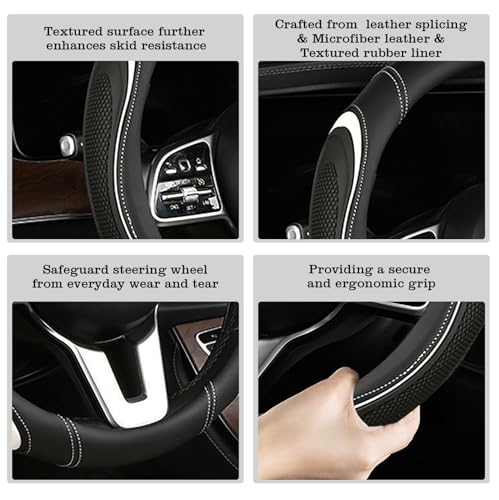 Leather Splicing Black White Car Steering Wheel Cover,14.5-15 Inch Universal Microfiber Leather Covers Breathable Anti-Slip Odorless Steering Wheels Accessories for Men Women - color: Leather Splicing - Black and White