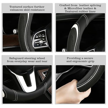 Leather Splicing Black White Car Steering Wheel Cover,14.5-15 Inch Universal Microfiber Leather Covers Breathable Anti-Slip Odorless Steering Wheels Accessories for Men Women - color: Leather Splicing - Black and White