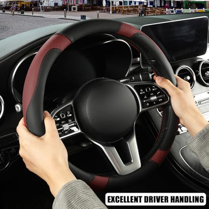 Microfiber Leather Steering Wheel Cover, Breathable, Anti Slip, 13.5 inch to 14 inch, Black with Burgundy - color: Black Burgundy, size: Round-Small[13.5''-14'']