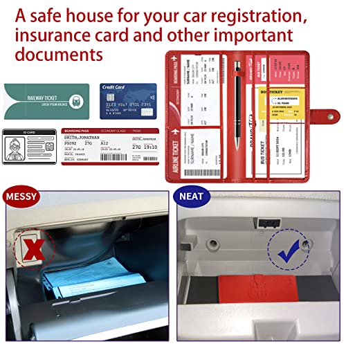 Car Registration and Insurance Card Holder with Magnetic Closure, Leather Vehicle Glove Box Automobile Documents Paperwork Wallet Case Organizer for ID, Driver's License, Key Contact Information Cards