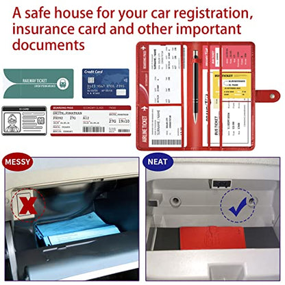Car Registration and Insurance Card Holder with Magnetic Closure, Leather Vehicle Glove Box Automobile Documents Paperwork Wallet Case Organizer for ID, Driver's License, Key Contact Information Cards