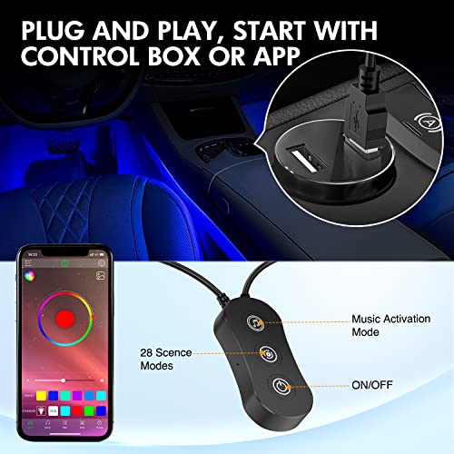 Nilight 4PCS USB Interior Car Lights 48 LEDs RGB LED Strips Lights with App Control Music Sound Active Mode Under Dash Footwell Ambient Lights 2 Line Design for Car Truck ATV UTV, 2 Years Warranty - color: 4PCS USB Interior Lights-APP