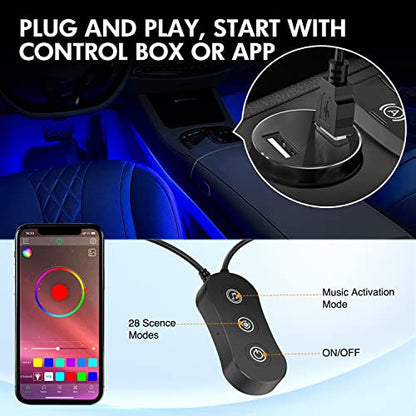 Nilight 4PCS USB Interior Car Lights 48 LEDs RGB LED Strips Lights with App Control Music Sound Active Mode Under Dash Footwell Ambient Lights 2 Line Design for Car Truck ATV UTV, 2 Years Warranty - color: 4PCS USB Interior Lights-APP