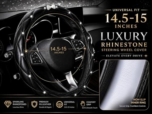Bling Sparkly Crown Soft Leather Car Steering Wheel Cover for Women Girl,Bling Diamond Crystal Glitter Rhinestones Universal Fit 14.5in-15in Auto Wheel Protector for Suvs,Vans,Sedans,Cars (Bow-Black) - color: Bow-Black