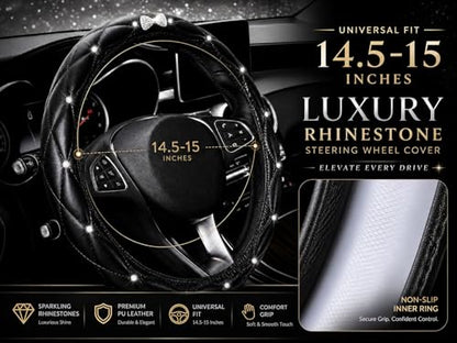Bling Sparkly Crown Soft Leather Car Steering Wheel Cover for Women Girl,Bling Diamond Crystal Glitter Rhinestones Universal Fit 14.5in-15in Auto Wheel Protector for Suvs,Vans,Sedans,Cars (Bow-Black) - color: Bow-Black