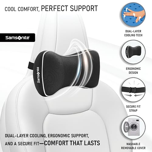 Samsonite Car Neck Pillow, Soft Memory Foam Headrest Pillow for Driving, Ergonomic Car Seat Headrest Cushion with Adjustable Strap, Breathable & Removable Cover, Neck Pain Relief, Black
