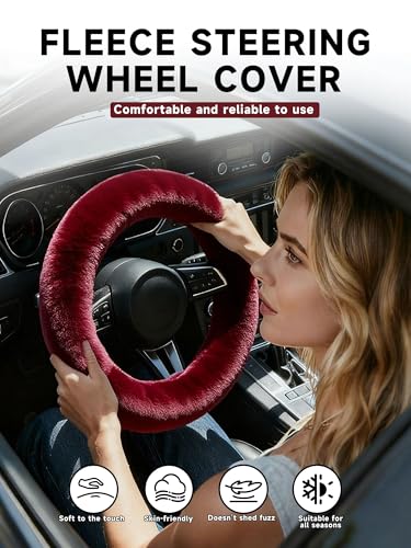 Cute Fluffy Steering Wheel Cover - 14-15 inch Fuzzy Warm Soft Plush Wool Fur Car Accessory for Women, Men, Girls (Burgundy) - color: Burgundy