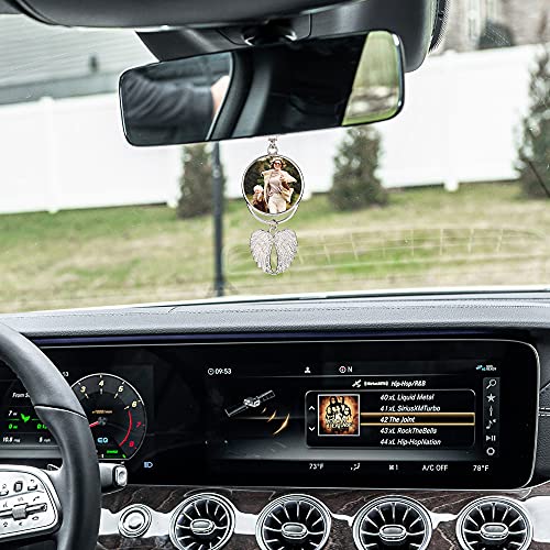 Custom Photo Rearview Mirror Car Charm Double Side Picture Engraving Car Hanging Ornament Angel Wing Car Charm Gift for Men Women - color: Silver-1 Pc