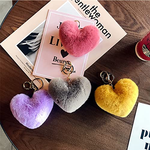 Cute Faux Rabbit Fur Ball Pom Pom Keychain Car Key Ring Handbag Tote Bag Pendant Purse Charm - color: Heart-grey