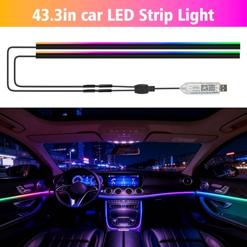 118" Acrylic Interior Car Lights, 0.08in Ultra-Thin Thickness Ambient Lighting Kits with Smart APP, RGB 2 in 1 USB Powered Car LED Strip Light Music Sync Neon Strip for Vehicle (2 * 59in)
