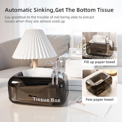Tissue Box Cover,Automatic Sinking Tissue Box Holder,Napkin Holder Home Decor for Tabletop Night Stands Bathroom Office,7.87 * 5.31 * 4.13inch (Black)