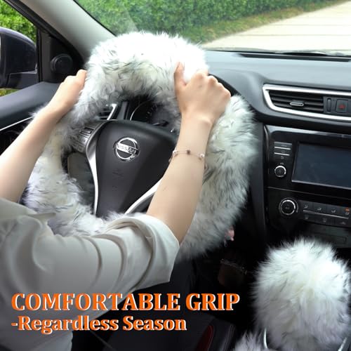 Fuzzy Genuine Sheepskin Steering Wheel Cover Set for Women Parents-Fluffy Soft Australian Merino Wool Fur Wrap with Gear Shift and Hand Brake Covers, Cozy Stylish Luxury Girl Car Accessories (Pink) - color: Pink