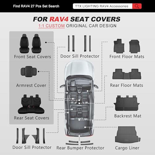 TTX LIGHTING Custom Fit Seat Covers for Toyota RAV4 2019 2020 2021 2022 2023 2024 2025 SE, LE,XLE,XLE Premium, Limited, Base, Full Set Waterproof Premium Faux Leather Airbag Compatible Black - size: 12.RAV4 2019-2025(Gas only) 5 Seat Full Set
