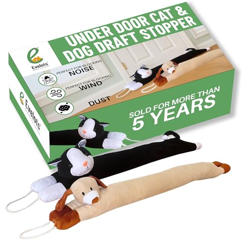 Evelots Under Door Cat & Dog Draft Stopper - Weighted - 2 Pack - Keep Cold Air Out - Odor, Noise, Dust, Wind Blocker - Great for Windows - 38 Inch Long - Heavy Duty Kitty and Puppy - Hanging Loops - size: 2-Pack, style: Cat & Dog Draft Stopper