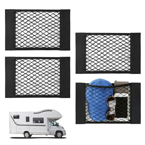 Bigmeta 4PCS RV Cargo Storage Mesh Net, Elastic Stretchable Netting Pocket with 8 Adhesive Strip Wall Sticker for SUV, Truck(15.4 x 9.4 Inch) - size: 4
