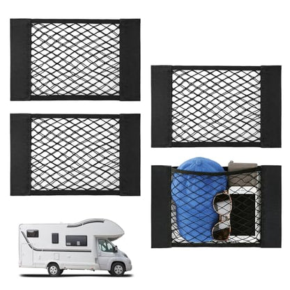 Bigmeta 4PCS RV Cargo Storage Mesh Net, Elastic Stretchable Netting Pocket with 8 Adhesive Strip Wall Sticker for SUV, Truck(15.4 x 9.4 Inch) - size: 4