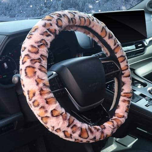 ZHOL Pink Fuzzy Cheetah Car Steering Wheel Cover for Women Girls,Leopard Warm Fluffy Vehicle Wheel Protector Car Accessories for Men Women,15 Inch,Fit for Cars, Auto, SUVs - color: Cheetah Pink