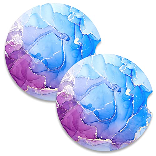 Car Coasters for Cup Holders, 2 Pack Absorbent Ceramic Car Cup Holder Coaster for Drinks, Cute Auto Assecories for Women Men, Size 2.56 in with Finger Notch & Cork Base, Blue Marble - color: Blue Purple Marble