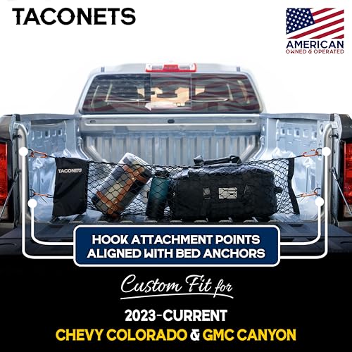 TacoNets Envelope Cargo Net for Colorado/Canyon - Fits 2023-Current - Upgraded 5mm Bungee - Integrated Storage Bag - Heavy Duty Carabiners - Designed in USA - style: Chevy Colorado / GMC Canyon 2023+