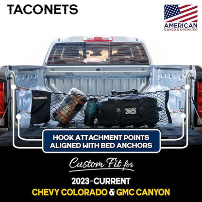 TacoNets Envelope Cargo Net for Colorado/Canyon - Fits 2023-Current - Upgraded 5mm Bungee - Integrated Storage Bag - Heavy Duty Carabiners - Designed in USA - style: Chevy Colorado / GMC Canyon 2023+