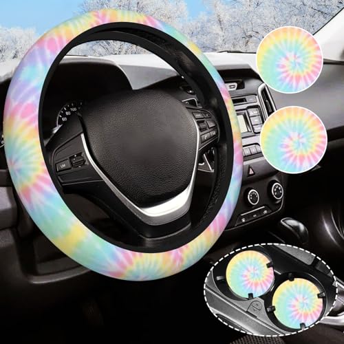 Rainbow Tie Dye Steering Wheel Cover for Women Men with 2 Pcs Car Coasters, Universal 14.5-15 Inch Rainbow Steering Wheel Covers Non-Slip Car Accessories for Girls - color: tie dye
