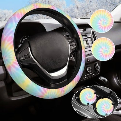 Rainbow Tie Dye Steering Wheel Cover for Women Men with 2 Pcs Car Coasters, Universal 14.5-15 Inch Rainbow Steering Wheel Covers Non-Slip Car Accessories for Girls - color: tie dye