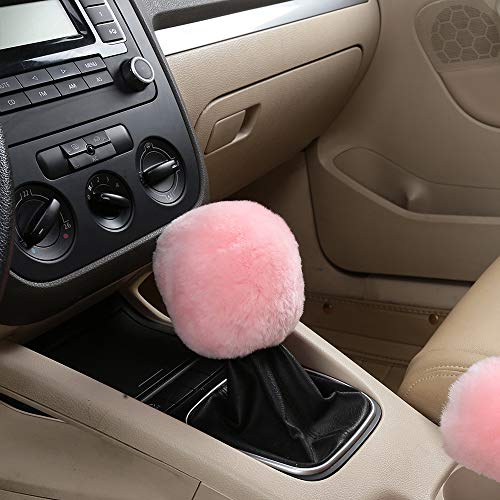 Fuzzy Sheepskin Gear Shift Knob Cover| Cute Pink Car Shifter Cover for Women & Men | Protects Hands from Extreme Temperatures | Handle Level Stick Handball Collar | Enhances Car Interior