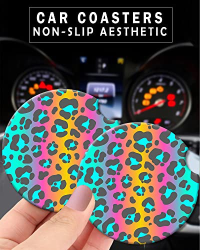 CLEVI 2 Pack Universal Ceramic Car Abstract Colorful Cheetah Leopard,Ceramic Stone with A Finger Notch for Easy Removal of Car Cup Holder Coaster - color: Colorful Cheetah Leopard