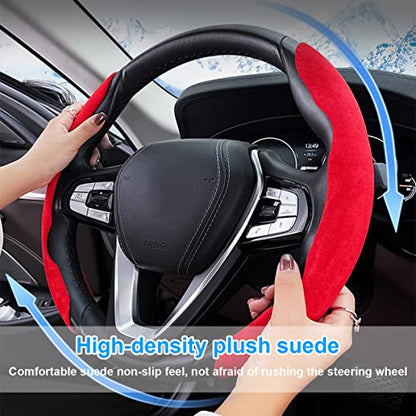 Car Steering Wheel Cover, Microfiber Suede Leather and Carbon Fiber Double Sided Design, Warm in Winter and Cool in Summer, Breathable Non Slip Segmented Protector for Most Cars (Turn Fur/Red) - color: Turn Fur/Red