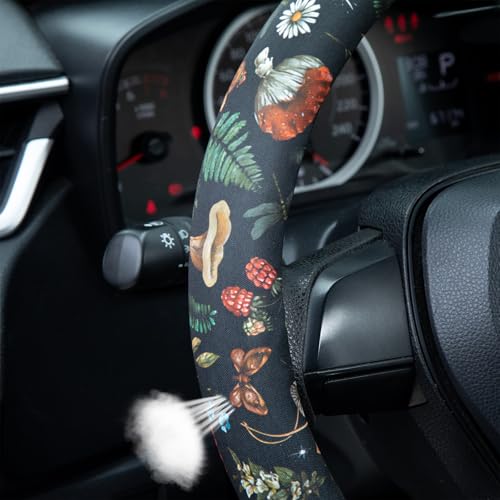 Woodland Fern Moth Dragonfly Mushroom Amanita Steering Wheel Cover Auto Steering Wheel Protector, Anti-Slip, Breathable, Absorbing Sweat, Universal Car Accessories 14.5–15 inch - style: Woodland Fern Moth