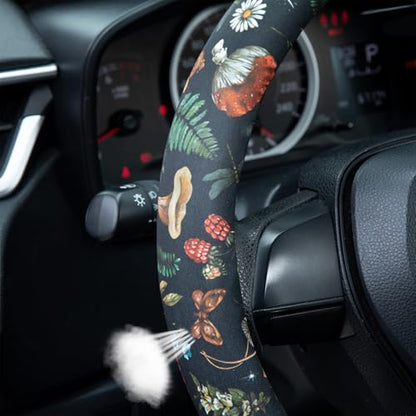 Woodland Fern Moth Dragonfly Mushroom Amanita Steering Wheel Cover Auto Steering Wheel Protector, Anti-Slip, Breathable, Absorbing Sweat, Universal Car Accessories 14.5–15 inch - style: Woodland Fern Moth