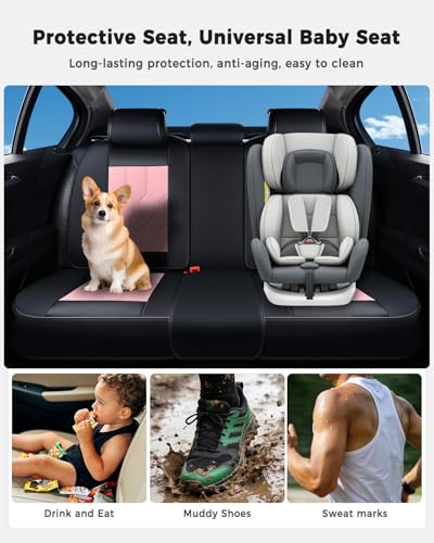 Huidasource Seat Covers Full Set, Universal Fit for Most Cars SUV Trucks, Full Coverage Leather Seat Cover, Airbag, Cupholder Compatible, Seat Function Retain, Easy Install with Velcro, Black & Pink - color: FS: Black&Pink, size: Full Set