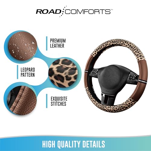 Road Comforts Leopard Steering Wheel Cover for Women, Cute Anti-Slip Microfiber Leather, Universal Fit 14.5-15 Inch Round Steering Wheel - Brown