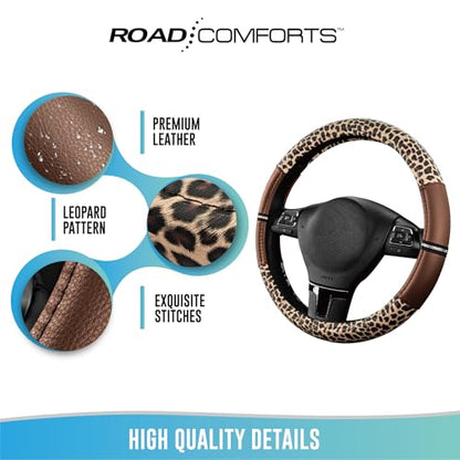 Road Comforts Leopard Steering Wheel Cover for Women, Cute Anti-Slip Microfiber Leather, Universal Fit 14.5-15 Inch Round Steering Wheel - Brown