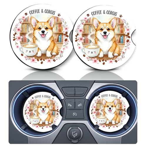 2PCS Coffee and Dog Car Cup Holder Coasters,Cars Coasters for Cup Holders,Anti Slip Rubber Mat with Finger Slot,Dog Car Accessories Interior Decor,Coffee Themed Gifts for Women,Men,Animal Lovers - color: Coffee and Dog