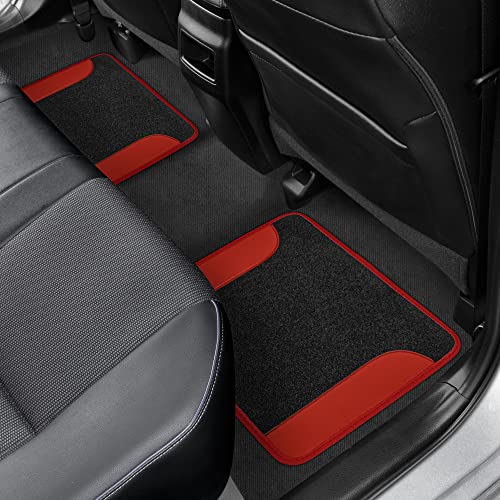 PU Leather Car Seat Covers w/Two-Tone Carpet/Vinyl Trim Car Floor Mats – Front and Back Split Bench Seat Covers, Steering Wheel Cover, Floor Mats (Black/Red) - color: Red