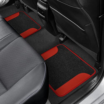 PU Leather Car Seat Covers w/Two-Tone Carpet/Vinyl Trim Car Floor Mats – Front and Back Split Bench Seat Covers, Steering Wheel Cover, Floor Mats (Black/Red) - color: Red