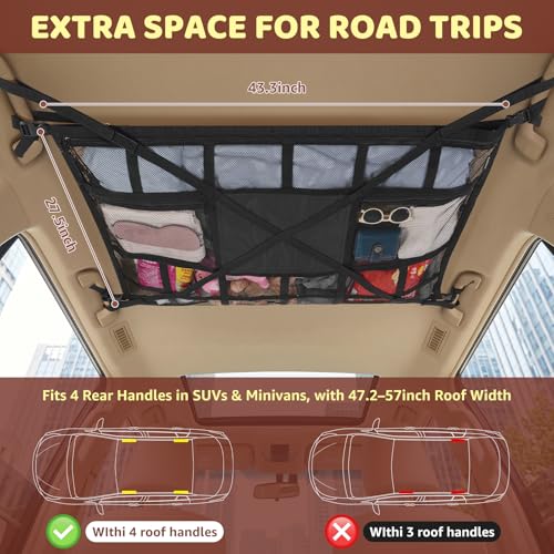 Extra Large Car Ceiling Cargo Net 43.3×27.5 Inch for SUV Minivan Truck Van,Roof Storage Organizer, Overhead Mesh Cargo Holder,Fits Most 4 Handle Vehicles for Road Trip Camping Travel - size: 43.3"×27.5"