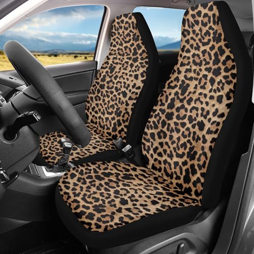 UNICEU Classic Brown Leopard Car Seat Covers Front Seats Only Set of 2, Soft Comfy Vehicle Seat Protector Covers, Animal Wild Cheetah Design Auto Bucket Seat Covers, Universal
