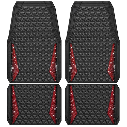 CAR PASS Bling Diamond Car Mats Rubber Floor Mats Full Set Anti-Slip 3D Rhombus Waterproof Trim to Fit Liner Universal Glitter Crystal Sparkly Shining Rhinestone Girl Women SUV Sedan Van, Black Red - color: Red Diamond