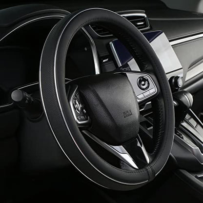 ALEMODR Black Leather Steering Wheel Cover Fiber Strip Car Steering Wheel Cover Universal 15 inch for Men - color: Black